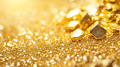 Macro view of gold nuggets on glittered golden surface.