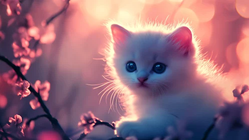 White Kitten with Blue Eyes Among Pink Blossoms.
