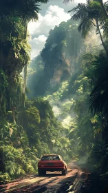 Scarlet hatchback chasing sunbeams through emerald canyon roads.