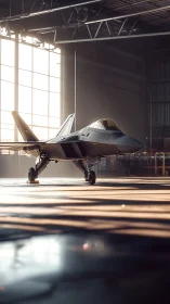 Photorealistic stealth jet in sunlit industrial hangar scene.