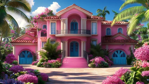 Cotton-candy mansion lounges beneath tropical blue skies