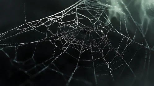 Spiderweb with dew droplets against dark out-of-focus field.