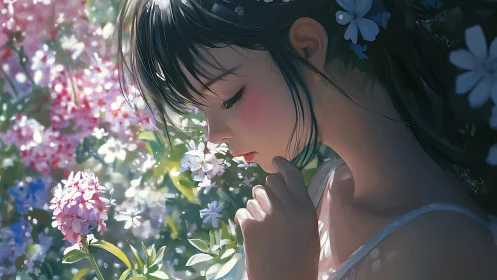 Girl with closed eyes stands in soft backlit flower garden