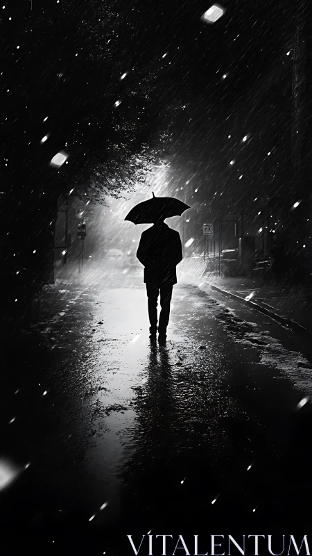 Backlit rain figure under umbrella in high-contrast streetscape.