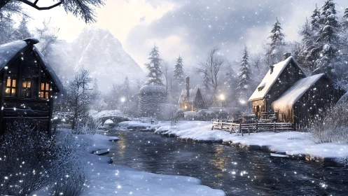 Snowy river village glows beneath towering winter peaks.