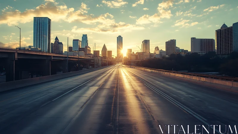 Empty downtown freeway reflects sunrise behind city skyline