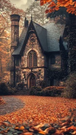 Gothic stone cottage stands amid dense autumn forest haze