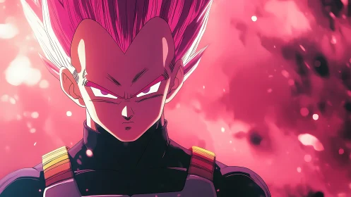 Intense anime warrior with pink energy aura in focus.
