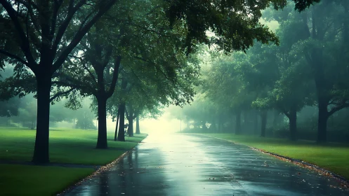 Tree lined wet park road recedes into misty distance