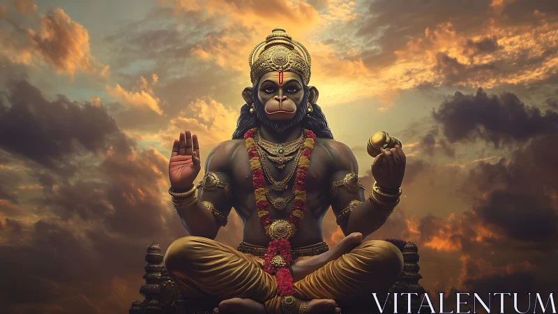 Majestic monkey-headed deity statue against dramatic sky.
