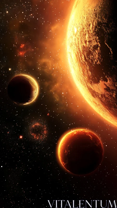 Stellar field with illuminated planets and orange nebula glow.