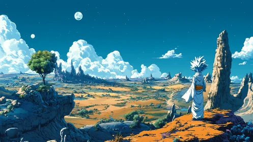 Solitary robed figure surveys vast twin-moon desert valley