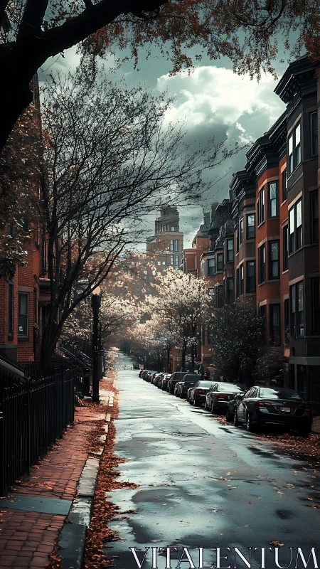 Soft rain-kissed city street welcomes a quiet autumn walk
