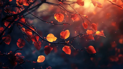 Backlit autumn leaves on branches in shallow focus scene.