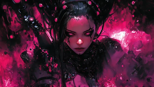 Cybernetic sorceress portrait in neon magenta particulate haze