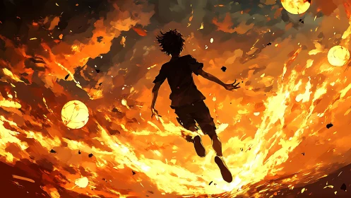 Figure Running Through Flames in Explosive Orange Inferno.