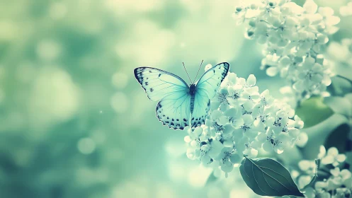 Pastel blue butterfly over soft white blossom cluster.