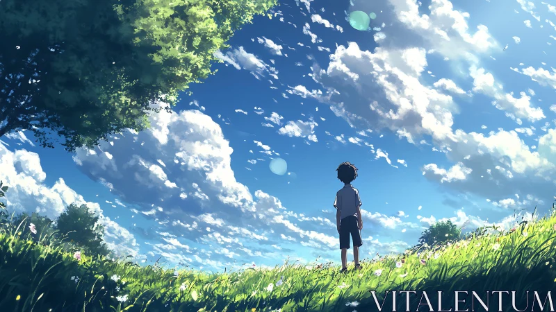 Backlit child studies stratocumulus clouds over luminous meadow