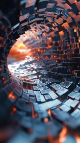 Futuristic metallic tunnel coils around molten light core.