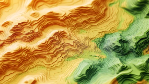 Layered topographic landscape in warm ochres and greens.