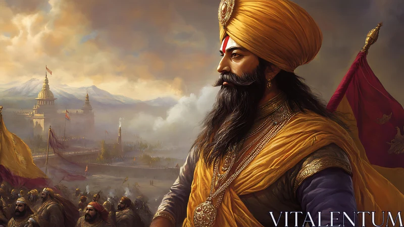 Turbaned commander observes fortified city and assembled troops