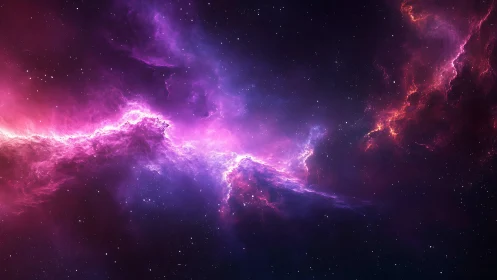 Vivid purple pink nebula cloud stretching through deep space.