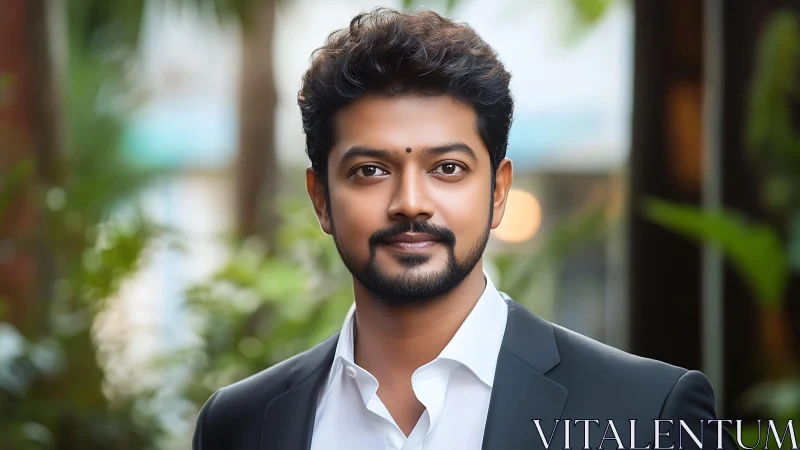 Smiling professional portrait in softly blurred garden setting.