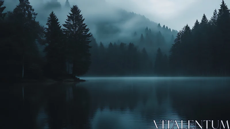 Misty Mountain Lake Reflects Serene Evergreen Forest
