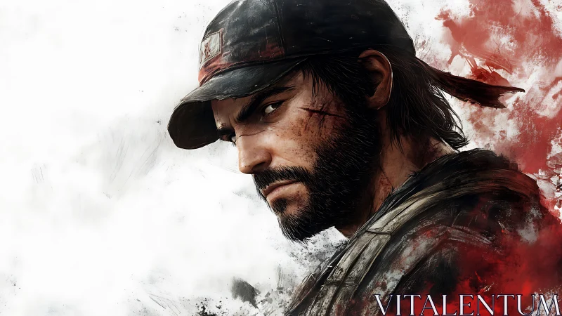 Weathered survivor portrait uses high-contrast brushwork and red bleed