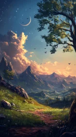 Crescent moonrise over spellbound valley and wandering path.