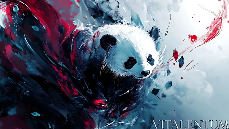 Digital panda portrait amid abstract red and blue storm.