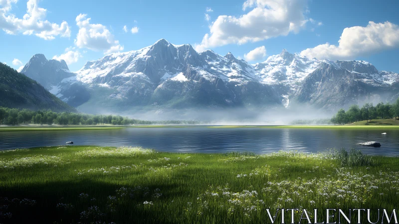 Mountain lake morning with bright meadows and soft clouds.