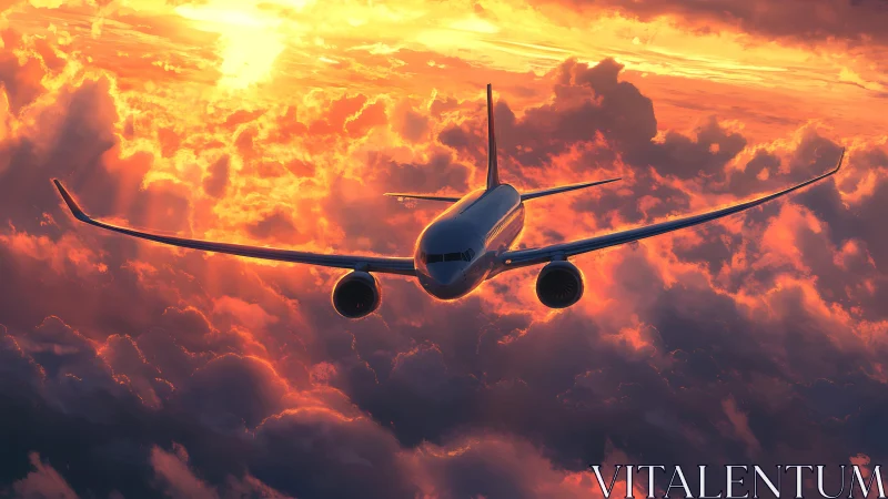 Passenger jet cuts through fiery sunset cloudscape in flight