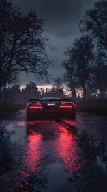 Supercar taillights reflected on wet rural road at dusk.