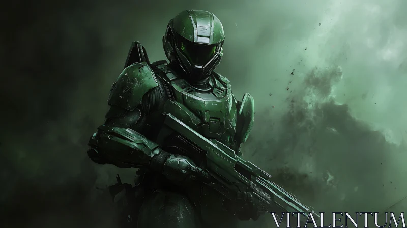 Armored sci fi trooper in atmospheric digital combat portrait.