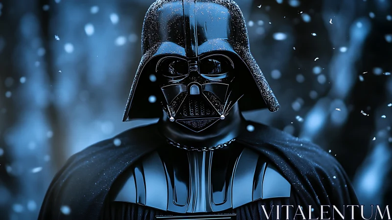 Cinematic black armored figure in snowfall, blue bokeh background