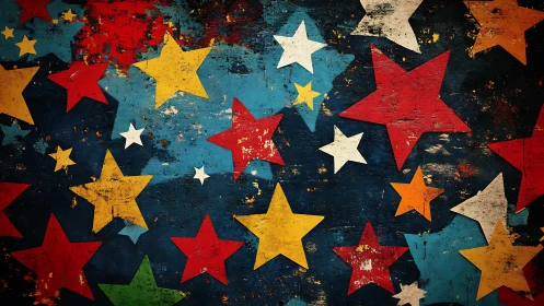 Textured multicolor starfield with distressed vintage surface.