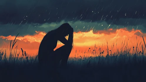 Silhouetted figure grieves in rain beneath a burning sunset sky