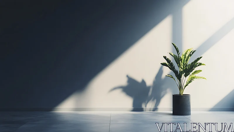 Sunlit potted plant casting bold shadows on minimal wall.