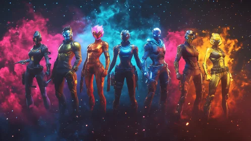 Six armored sci‑fi warriors stand in formation against colored nebulae