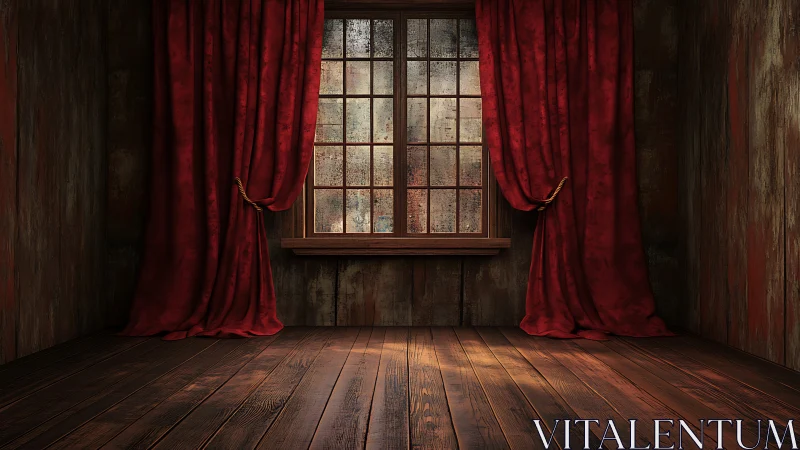 Moody wooden room with red velvet curtains and window.