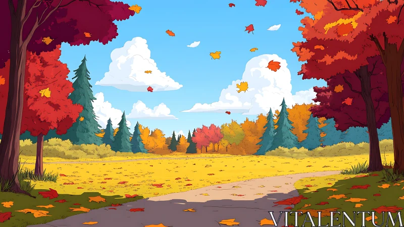 Autumn Landscape with Falling Leaves and Forest Path.