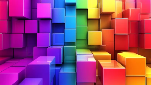 Vibrant 3D cubes form a glossy rainbow spectrum wall