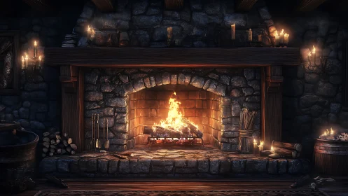 Medieval Hearth Ablaze: Stone Fortress Interior Bathed in Firelight.