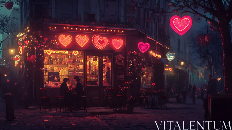 Romantic street cafe glowing with neon heart lights at night.