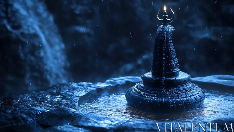 Stone shiva lingam under rainfall with single small flame.