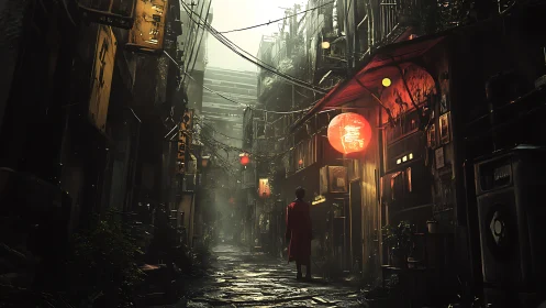 Urban alleyway with neon lanterns and solitary figure at dusk.