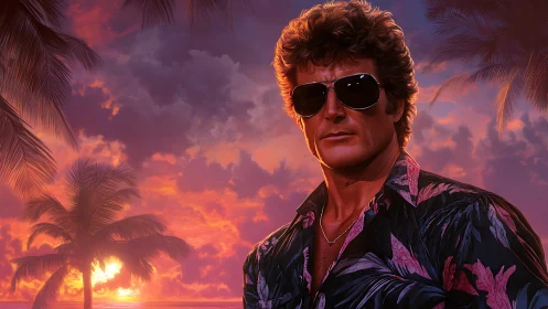 Retro-styled male portrait under high-saturation tropical sunset sky