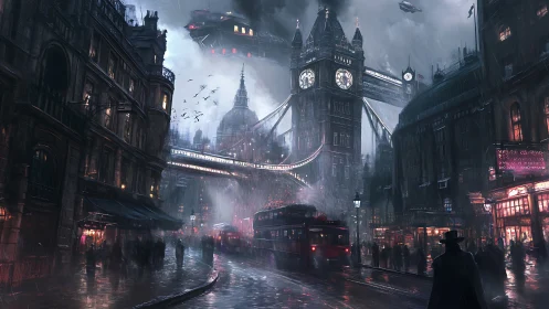 Futuristic urban street with clocktower and rail transit.