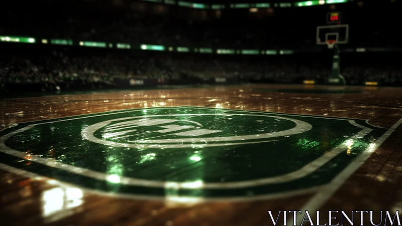 Photorealistic hardwood arena court with glossy midcourt emblem.